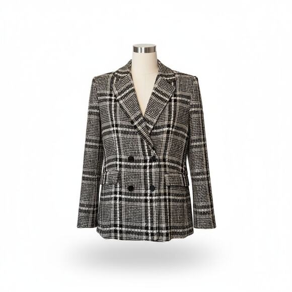 MNG by Mango Tweed Check Double-Breasted Blazer - Size M Black White - Picture 3 of 9